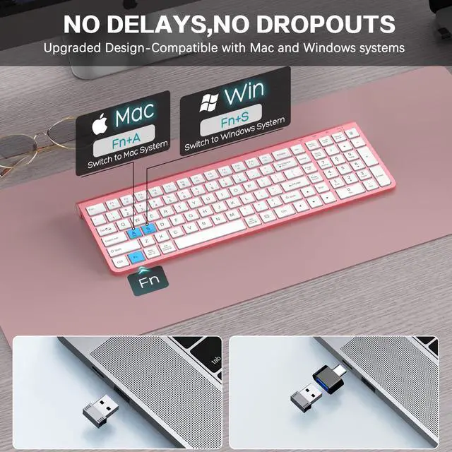 Alt view image 3 of 5 - JOYACCESS Pink Wireless Keyboard,USB & Type C 2-in-1 Receiver, Full-Sized Ergonomic Computer Keyboard with Cover,Compatible with Windows/Mac/PC/Laptop