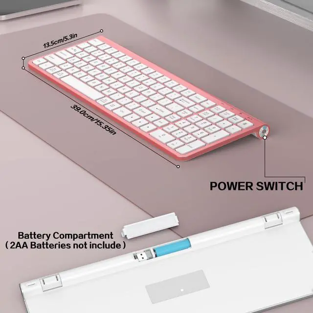 Alt view image 5 of 5 - JOYACCESS Pink Wireless Keyboard,USB & Type C 2-in-1 Receiver, Full-Sized Ergonomic Computer Keyboard with Cover,Compatible with Windows/Mac/PC/Laptop