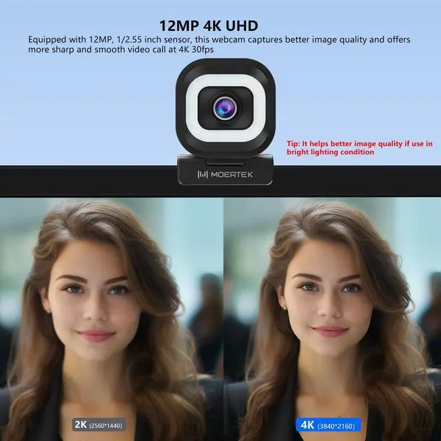 Alt view image 2 of 5 - 4K Webcam with 5-Level LED Light, 12MP Camera, USB Webcam with Dual Noise-canceling Microphones, PDAF Fast Auto Focus, Remote Control, 360° Rotation, Perfect for Live streaming, Online Meeting