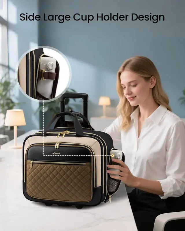 Alt view image 5 of 5 - LOVEVOOK Rolling Laptop Bag Women, 17.3 Inch Laptop Briefcase with Wheels, Soft Sided Underseat Carry On Luggage Personal Item Suitcase for Work Travel Business, Black Brown Beige