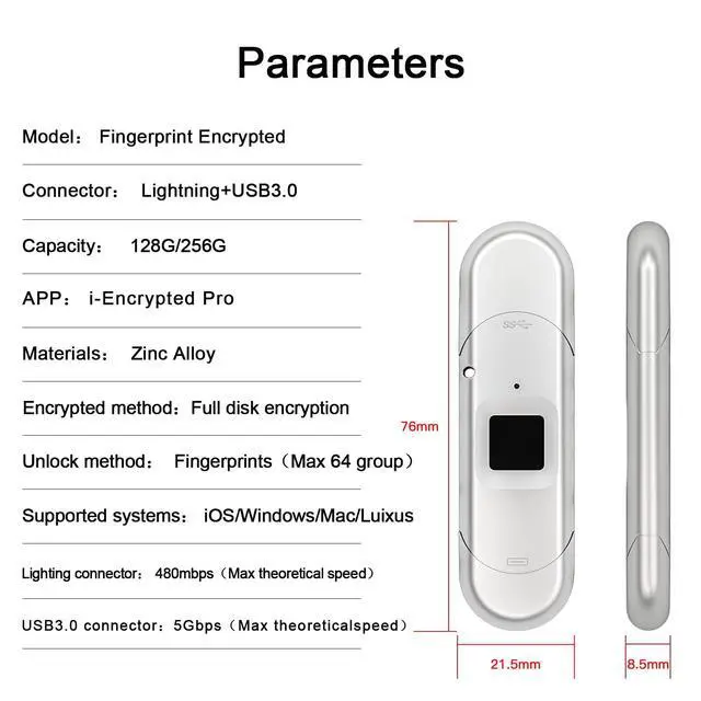 Alt view image 5 of 5 - Gousido for iPhone USB3.0 Encrypted Drive Drive External Storage Fingerprint Encryption USB Flash Drive for iPhone/iPad/iPadmini/Mac/PC USB3.0 Flash Drive 64GB