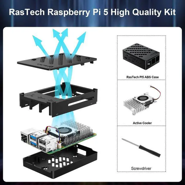 Alt view image 3 of 5 - RasTech Raspberry Pi 5 Kit 4GB RAM with Pi 5 Case,Active Cooler,Screwdrive and Pi 5 4GB Board Included
