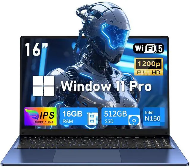 Main image of 16 Inch Laptop Computer, Gaming Laptop 2025, 16GB RAM 512GB SSD, N150 Processor(Up to 3.6GHz), FHD 1920 * 1200, 180° Open, Backlit, BT4 WIFI5, Windows 11 Pro, 6000mAh/46.2Wh, Premium Navy