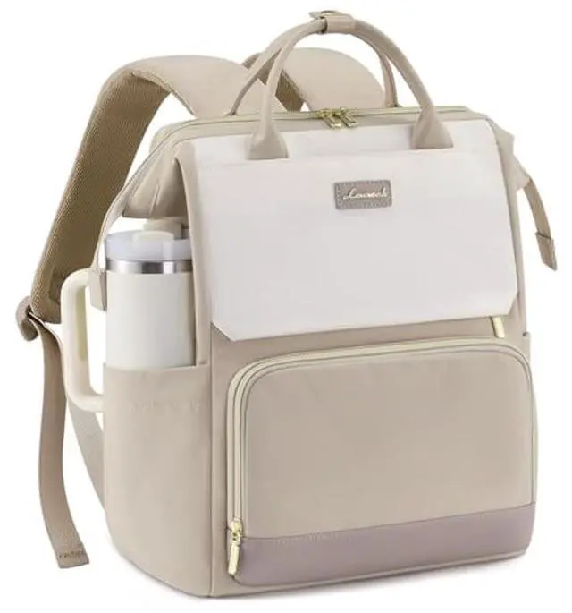 Main image of LOVEVOOK Laptop Backpack for Women with Giant Tumbler Holder Pocket, 17 inch Travel Work Backpack Purse for Nurse Teacher, Waterproof School Bag College Bookbag Cute Casual Daypack for Girls Khaki