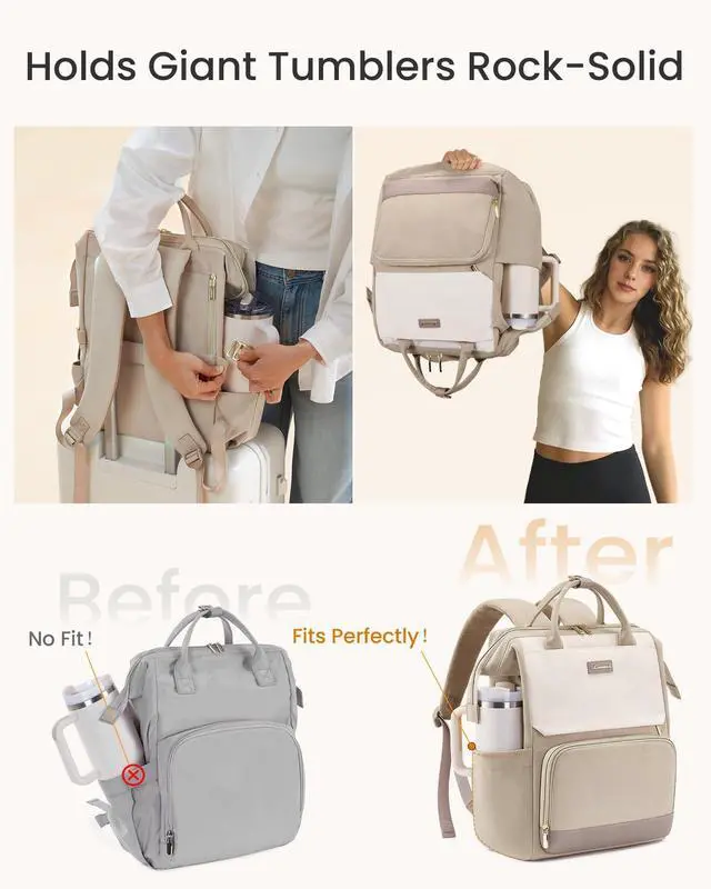 Alt view image 2 of 5 - LOVEVOOK Laptop Backpack for Women with Giant Tumbler Holder Pocket, 17 inch Travel Work Backpack Purse for Nurse Teacher, Waterproof School Bag College Bookbag Cute Casual Daypack for Girls Khaki