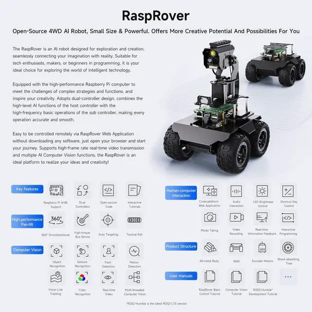 Alt view image 3 of 5 - Waveshare RaspRover Open-Source 4WD AI Robot,Compatible with Raspberry Pi 4B, Dual Controllers, Computer Vision, Comes with Pan-Tilt Module, PI5-4GB Included