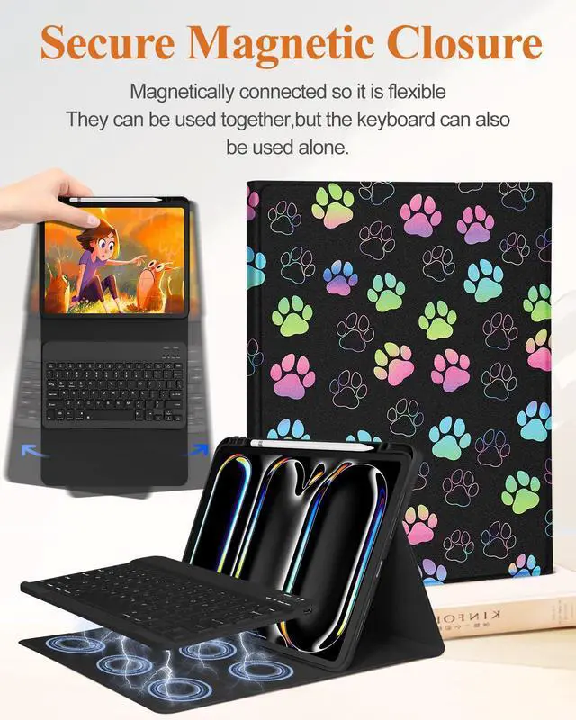 Alt view image 4 of 5 - Wazzasoft for iPad Pro 13 inch Case with Keyboard M4 - Pencil Holder Folio Women Girls Cute Kawaii Strawberry Unique Design for Apple Tablet Cover Pro 13 2024, Paw