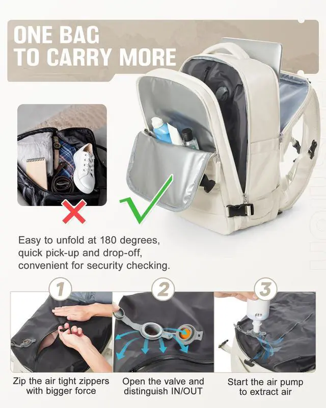 Alt view image 4 of 5 - VENATIN Vacuum Backpack Travel with pump,Flight Approved 18x14x8 Inches,Personal Item Travel Bag,Vacuum Seal Compression Backpack with Pump for Travel, 15.6 Inches Laptop Bag for Men,Beige