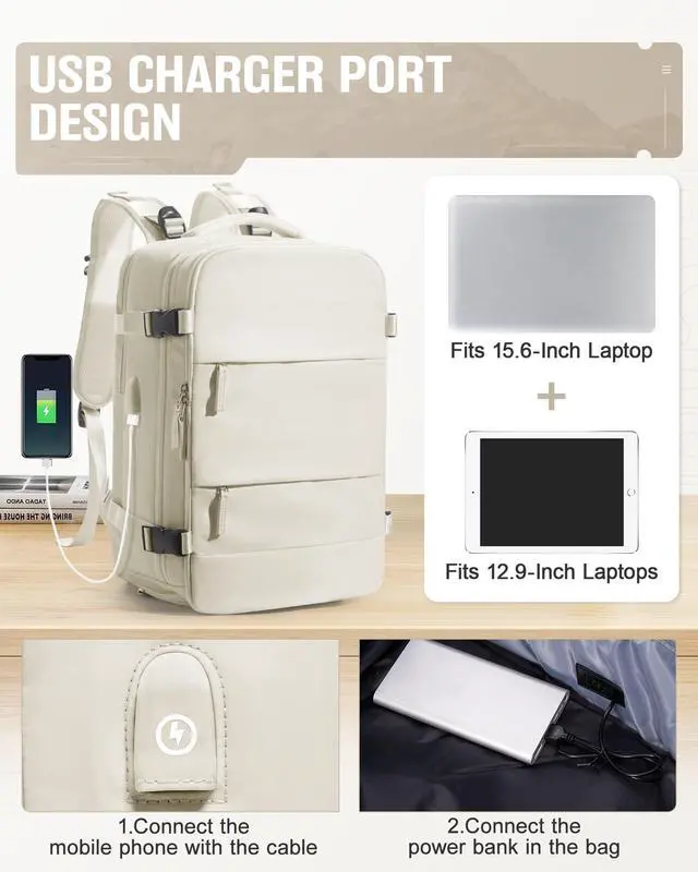 Alt view image 5 of 5 - VENATIN Vacuum Backpack Travel with pump,Flight Approved 18x14x8 Inches,Personal Item Travel Bag,Vacuum Seal Compression Backpack with Pump for Travel, 15.6 Inches Laptop Bag for Men,Beige