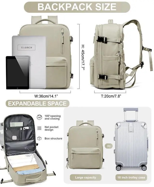 Alt view image 3 of 5 - WONHOX Large Travel Backpack Women,Carry On Backpack Flight Approved 18x14x8 inches Bag Spirit Airlines Personal ltem,College Sports Hiking Rucksack Laptop Blackpack mochila de viaje,Brown