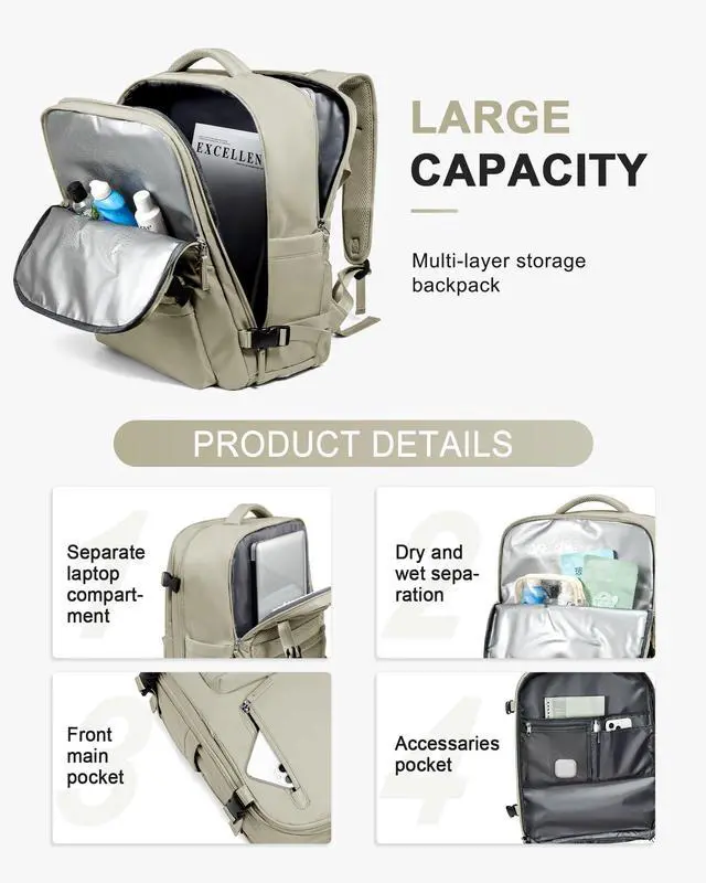 Alt view image 4 of 5 - WONHOX Large Travel Backpack Women,Carry On Backpack Flight Approved 18x14x8 inches Bag Spirit Airlines Personal ltem,College Sports Hiking Rucksack Laptop Blackpack mochila de viaje,Brown