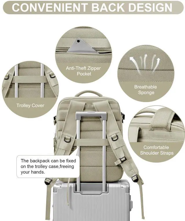 Alt view image 5 of 5 - WONHOX Large Travel Backpack Women,Carry On Backpack Flight Approved 18x14x8 inches Bag Spirit Airlines Personal ltem,College Sports Hiking Rucksack Laptop Blackpack mochila de viaje,Brown