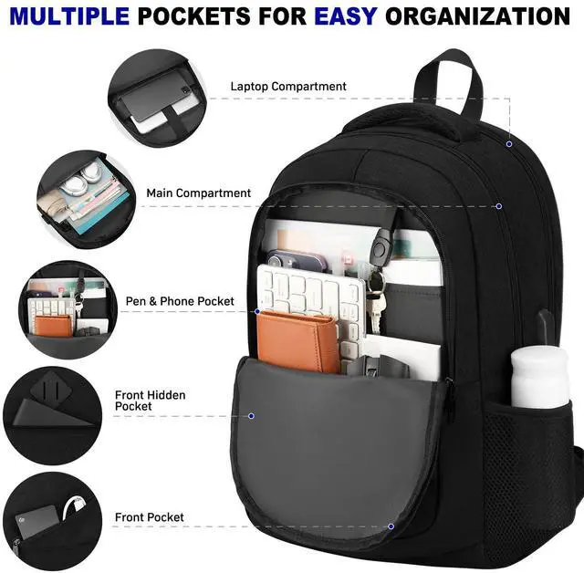 Alt view image 3 of 5 - School Laptop Backpack for Women Men: 15.6 Inch College High School Backpacks with USB Charging Port Waterproof Travel Back Pack with Anti-theft Pockets Casual Work Daypack for Boys Students (Black)