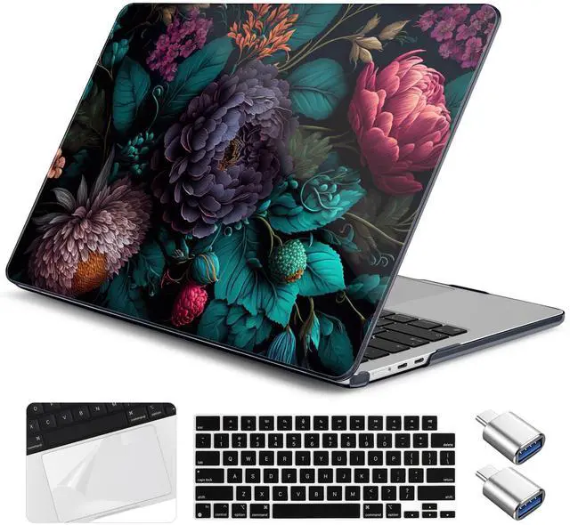 Main image of Yebiseven for M1 MacBook Air 13 inch Case 2021 2020 2019 2018 Model A2337/A2179/A1932, Laptop Hard Shell Case with Keyboard Cover & Trackpad Protector & 2 OTG Adapters, Vibrant Flower