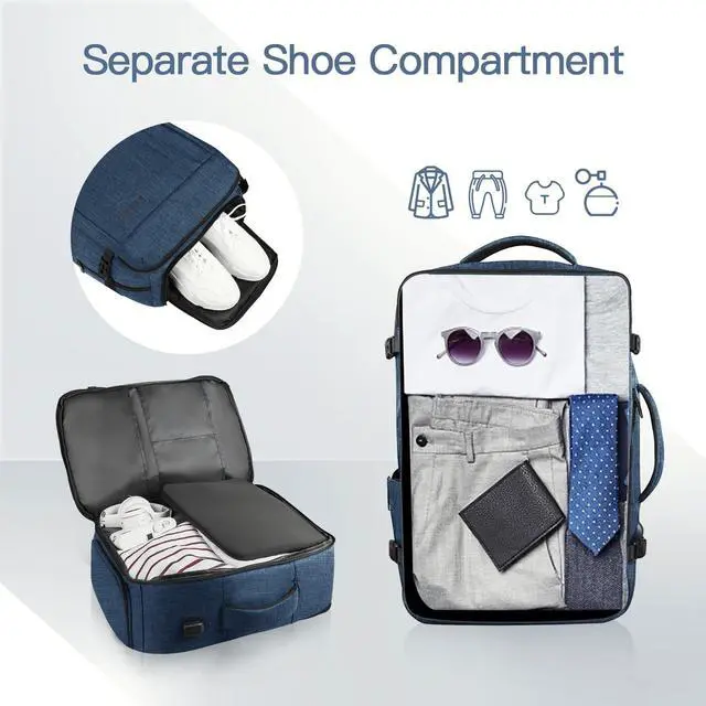 Alt view image 2 of 5 - 55L Extra Large Travel Backpack for Men & Women, 60L Expandable Big Capacity For Airplanes, Travel Gifts for Men Women, Carry On Backpack Fits 18.4 Inch Laptop, Luggage Suitcase Daypack Bag, Blue