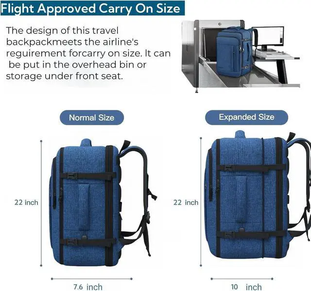Alt view image 4 of 5 - 55L Extra Large Travel Backpack for Men & Women, 60L Expandable Big Capacity For Airplanes, Travel Gifts for Men Women, Carry On Backpack Fits 18.4 Inch Laptop, Luggage Suitcase Daypack Bag, Blue