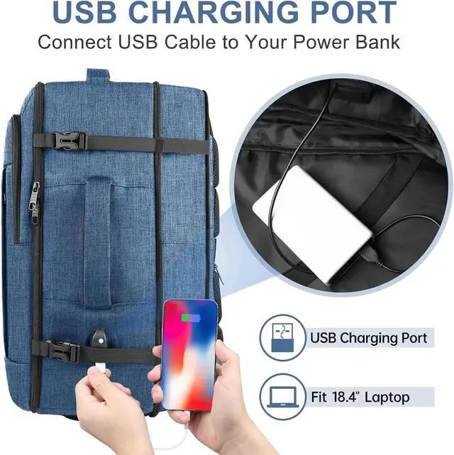 Alt view image 5 of 5 - 55L Extra Large Travel Backpack for Men & Women, 60L Expandable Big Capacity For Airplanes, Travel Gifts for Men Women, Carry On Backpack Fits 18.4 Inch Laptop, Luggage Suitcase Daypack Bag, Blue