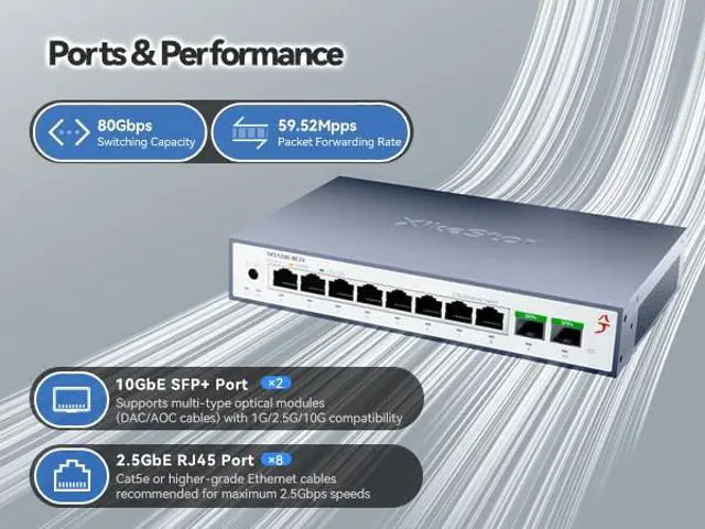 Alt view image 2 of 5 - XikeStor 10 Port 2.5G Unmanaged Ethernet Switch with 2x10G SFP+, 2.5 Gigabit Network Switch, 2.5Gb Ethernet Hub, Plug & Play, Metal Housing, Desktop/Wall-Mount