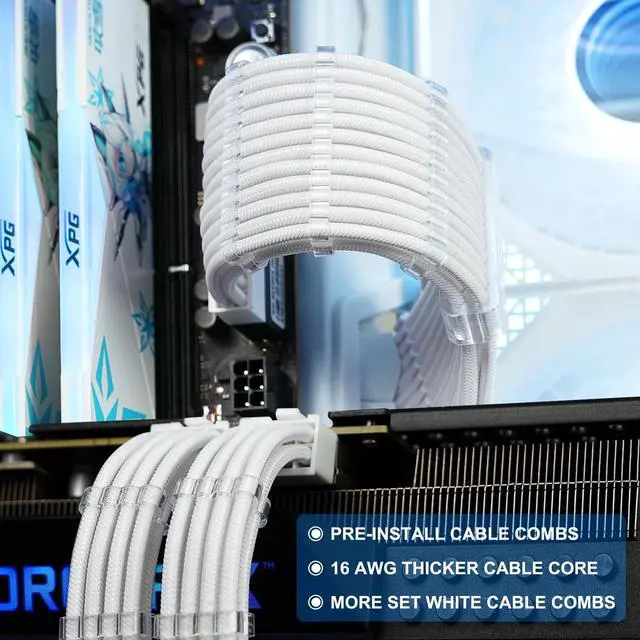 Alt view image 3 of 5 - Sirlyr PSU Cable Extension Kit,Bright White Sleeved PC Cables Extensions,24Pin ATX x1 8Pin EPS x2 8 Pin PCI-E x2,Gold-Plated Pins for GPU Power Supply with Pre-Install Cable Combs,5 Kits