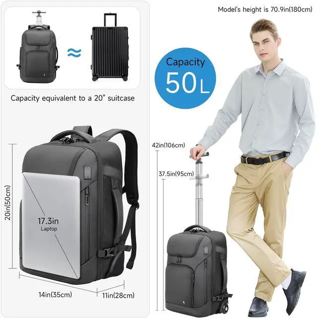 Alt view image 4 of 5 - SWICKY RICOOI Rolling Backpack,17.3inch Laptop Backpack with Wheels,Water Resistant Carry on Luggage with USB C Ports, Wheeled Backpack Suitcase for Men Women Adults to Travel