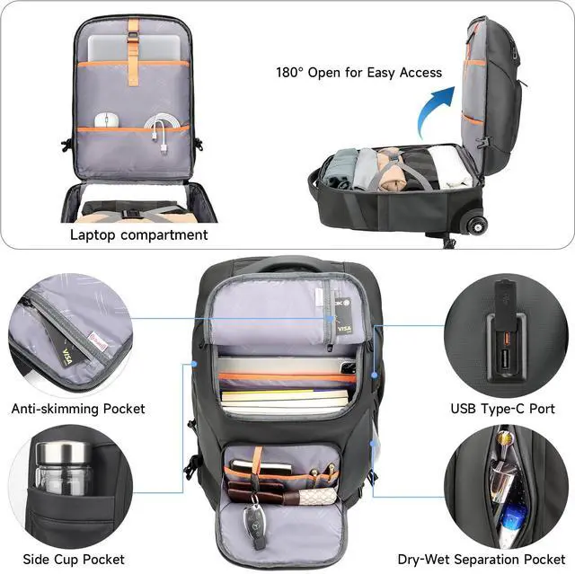 Alt view image 5 of 5 - SWICKY RICOOI Rolling Backpack,17.3inch Laptop Backpack with Wheels,Water Resistant Carry on Luggage with USB C Ports, Wheeled Backpack Suitcase for Men Women Adults to Travel