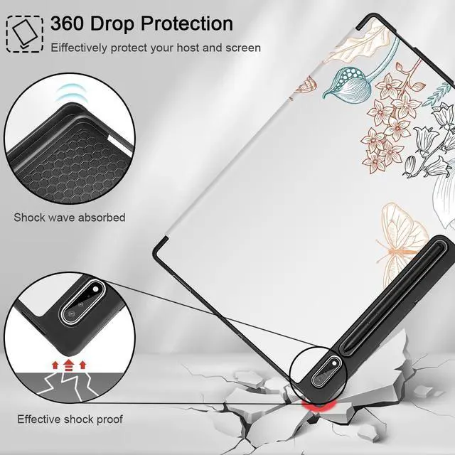 Alt view image 5 of 5 - Tuiklol Tablet Case for Samsung Tab S10 Ultra (2024 Release) / Tab S9 Ultra 14.6 Inch (2023 Release), Built-on Pencil Holder Slim Hard Shell Case Trifold Stand Cover Auto Wake/Sleep, Vector Flower