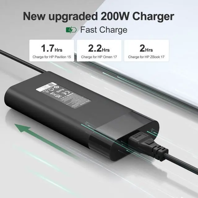 Alt view image 4 of 5 - 200W Laptop Charger for HP OMEN 15 17 Victus Gaming Notebook, ZBook 15 17 Studio G3 G4 G5 G6, Pavilion 17 15, TPN-DA10 TPN-CA11 19.5V 10.3A Power Adapter Cord