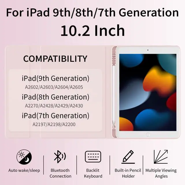 Alt view image 2 of 5 - SQQSOOZ Keyboard Case for iPad 10.2 Inch 2021/2020/2019 (9th/8th/7th) Model with Pencil Holder, Wireless Detachable Keyboard, Slim Tablet Cover with Soft TPU Back, Auto Wake/Sleep, Pink