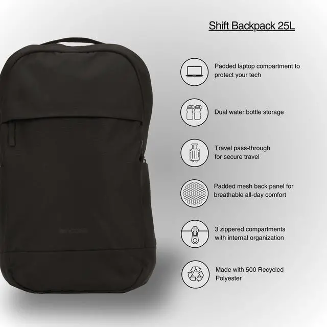 Alt view image 3 of 5 - Incase Shift Backpack  25L Commuter Tech Backpack with Padded Laptop Compartment for School or Work  Quick Access Pocket, Water Bottle Holders, Lightweight Everyday Carry Travel Essentials