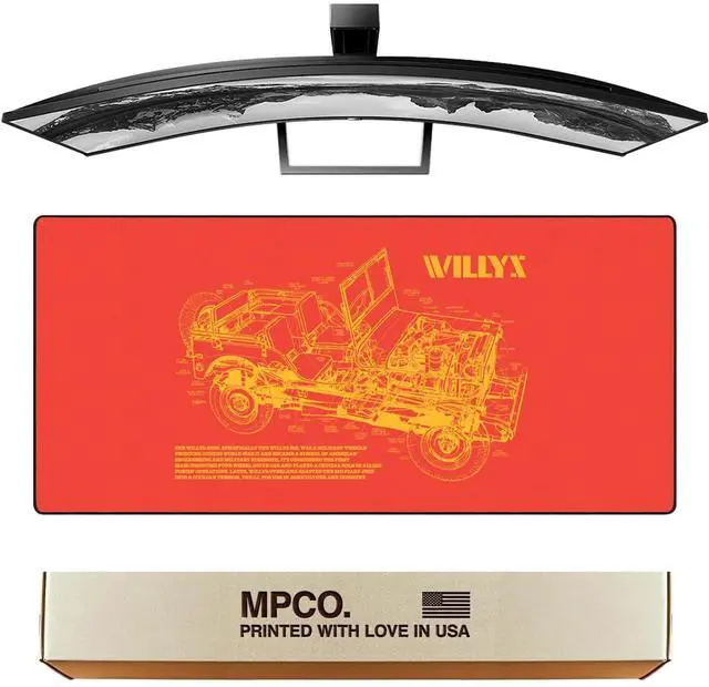 Main image of MPCO. Blueprints Large Gaming Desk Pad - 36" x 17" Aeroglyde Fabric Willys Jeep  Orange Desk Mats - Non-Slip, Washable, Smooth Glide for Precision Gaming & Work