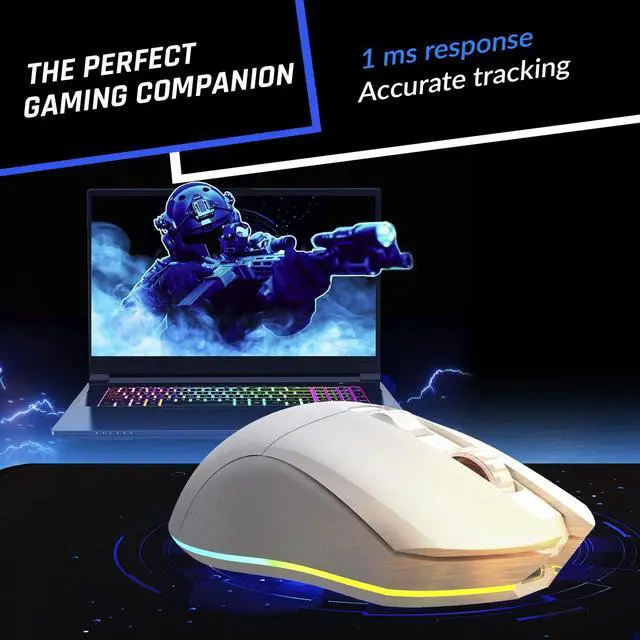 Alt view image 3 of 5 - KLIM Blaze Rechargeable Wireless Gaming Mouse RGB + High-Precision Sensor & Long-Lasting Battery + 7 Customizable Buttons + Up to 10000 DPI + Wired and Wireless Mouse for PC Mac PS4 PS5 New - White