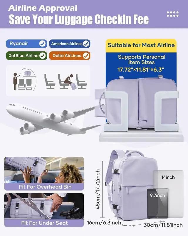 Alt view image 3 of 5 - Vacuum Seal Compression Travel Backpack for Women Men Air Backpack Vacpack Travel Vacuum Bags with Pump Laptop Backpack with Shoe Compartment Carry On Suitcase Luggage Flight Approved Purple