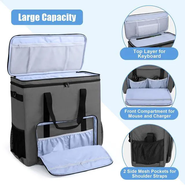 Alt view image 3 of 5 - CURMIO Dual-Layer PC Carrying Case, Desktop Travel Bag with Removable Bottom Board for PC Tower, Keyboard, Mouse, Bag Only, Grey