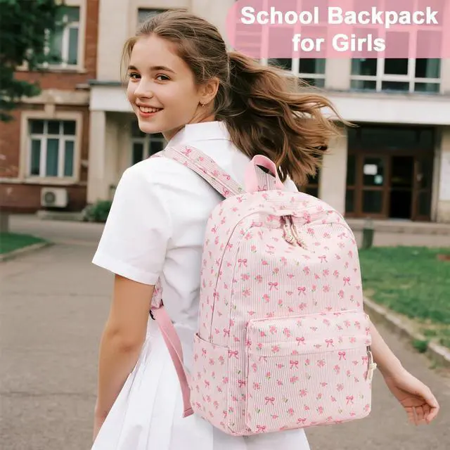 Alt view image 2 of 5 - BTOOP School Backpack for Teens Large Corduroy Bookbag Lightweight Girls Boys Casual High School College 17 inch Laptop Travel Bag (Pink Bow Floral-1)