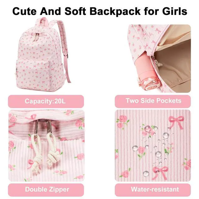 Alt view image 4 of 5 - BTOOP School Backpack for Teens Large Corduroy Bookbag Lightweight Girls Boys Casual High School College 17 inch Laptop Travel Bag (Pink Bow Floral-1)