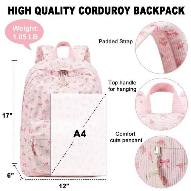 Alt view image 3 of 5 - BTOOP School Backpack for Teens Large Corduroy Bookbag Lightweight Girls Boys Casual High School College 17 inch Laptop Travel Bag (Pink Bow Floral-1)
