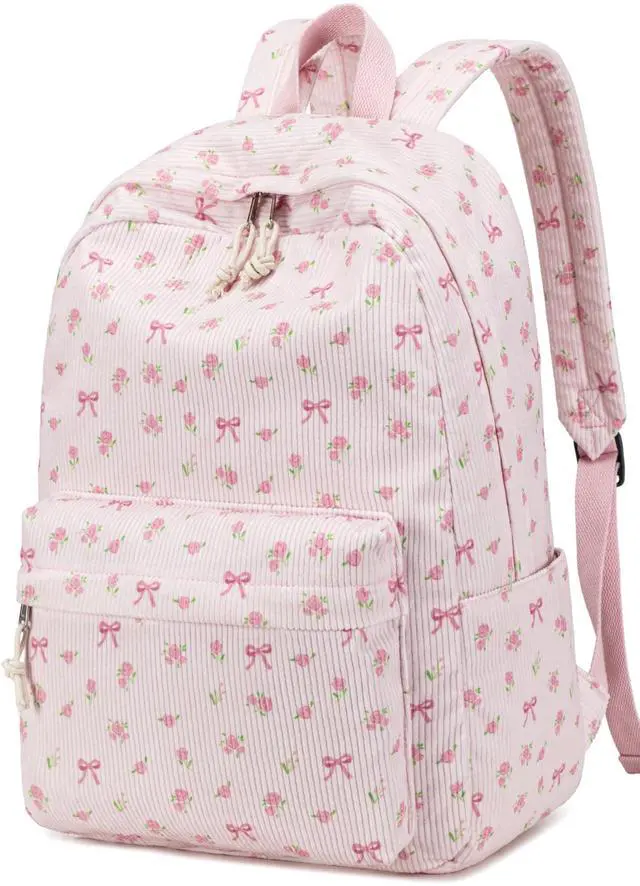 Main image of BTOOP School Backpack for Teens Large Corduroy Bookbag Lightweight Girls Boys Casual High School College 17 inch Laptop Travel Bag (Pink Bow Floral-1)