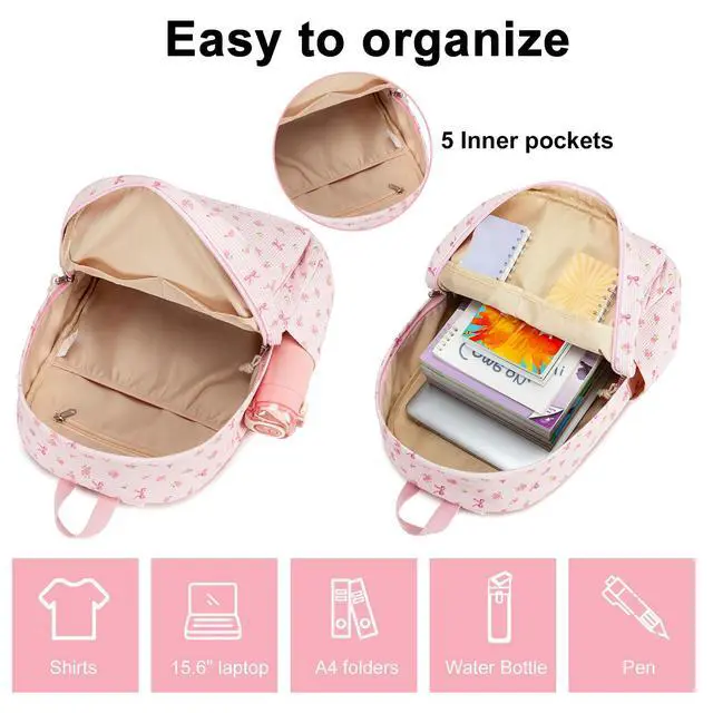 Alt view image 5 of 5 - BTOOP School Backpack for Teens Large Corduroy Bookbag Lightweight Girls Boys Casual High School College 17 inch Laptop Travel Bag (Pink Bow Floral-1)