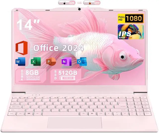 Main image of Nmybwo 14" Pink Portable Laptop Computer, N5095 CPU,8GB RAM(Up to 64GB Expansion),512GB NVMe SSD,1920P FHD IPS Display,Win 11 Pro,Numeric Keypad,2.4/5G WiFi,BT4.2,for Student and Business
