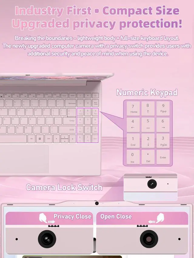 Alt view image 5 of 5 - Nmybwo 14" Pink Portable Laptop Computer, N5095 CPU,8GB RAM(Up to 64GB Expansion),512GB NVMe SSD,1920P FHD IPS Display,Win 11 Pro,Numeric Keypad,2.4/5G WiFi,BT4.2,for Student and Business