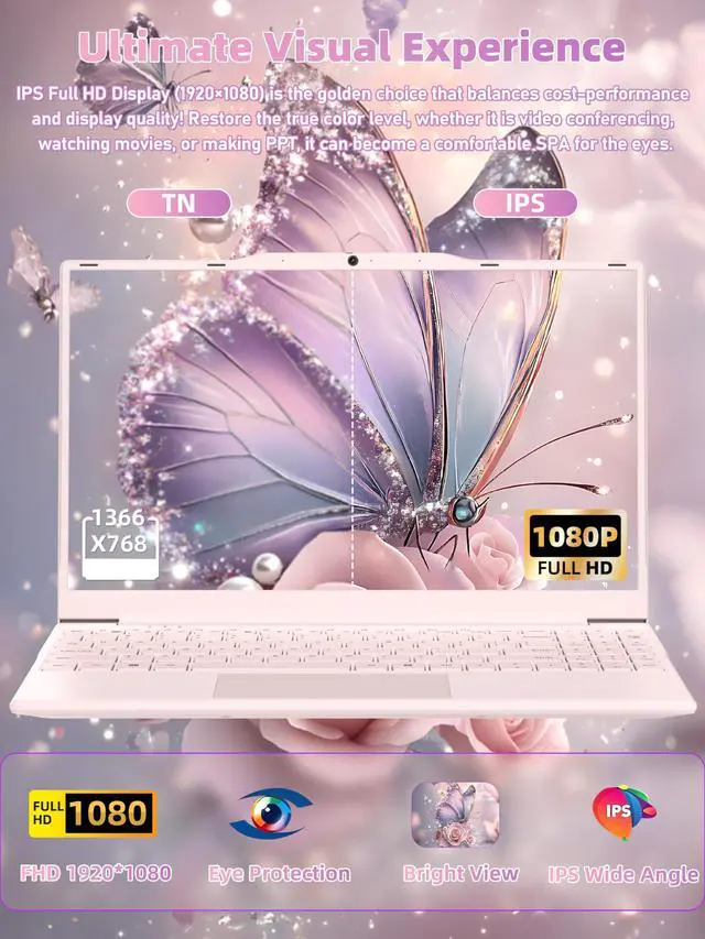 Alt view image 3 of 5 - Nmybwo 14" Pink Portable Laptop Computer, N5095 CPU,8GB RAM(Up to 64GB Expansion),512GB NVMe SSD,1920P FHD IPS Display,Win 11 Pro,Numeric Keypad,2.4/5G WiFi,BT4.2,for Student and Business