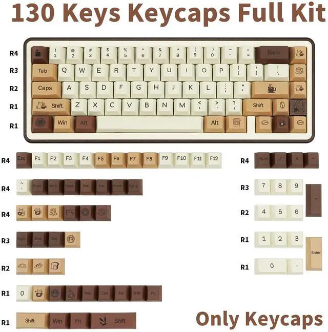 Alt view image 2 of 5 - COOMICKEY Brown PBT Keycaps, Coffee Cat Cute Keycaps, Cherry Profile Key caps 60 65 75 100 Percent, Dye-Sublimation Custom 130 Keys Set for 100%, 75%, 65%, 60% Cherry Gateron MX Switches Keyboards