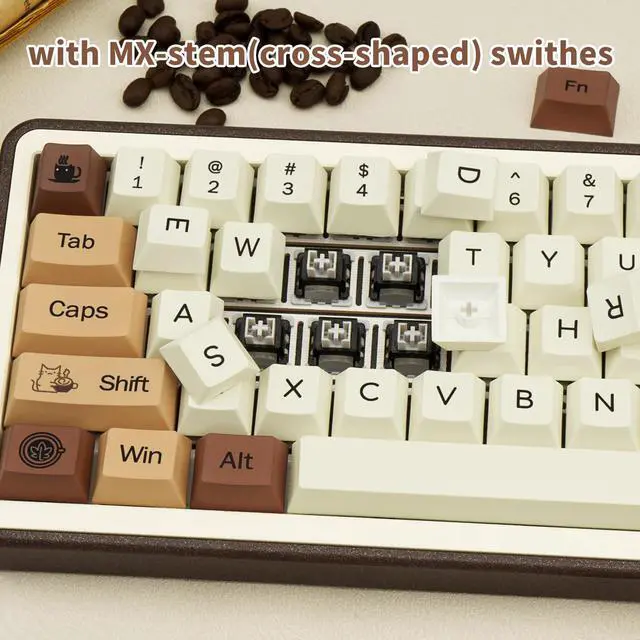 Alt view image 3 of 5 - COOMICKEY Brown PBT Keycaps, Coffee Cat Cute Keycaps, Cherry Profile Key caps 60 65 75 100 Percent, Dye-Sublimation Custom 130 Keys Set for 100%, 75%, 65%, 60% Cherry Gateron MX Switches Keyboards