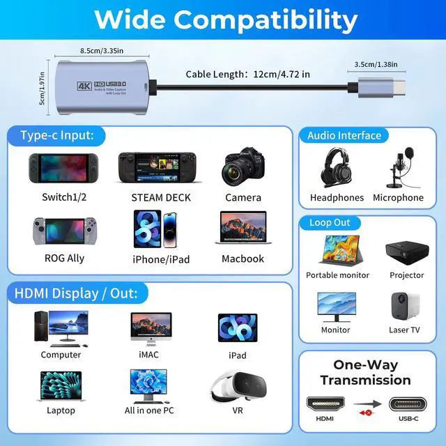 Alt view image 3 of 5 - Guermok 4K 60FPS & 1080P 240FPS HDMI Capture Card for Streaming, USB 3.0 to USB-C/A, 4K30 Passthrough, 3.5mm Audio in and Mic Out, Works with Switch 2/1, PS5/4, Quest 3, Xbox, Pad, Mac, PC