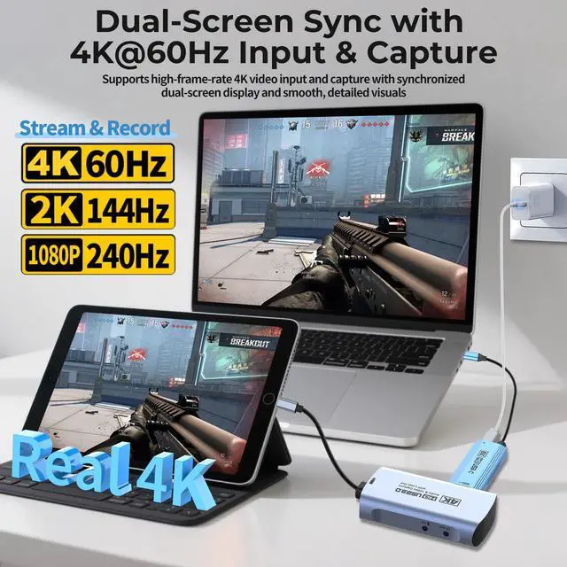 Alt view image 4 of 5 - Guermok 4K 60FPS & 1080P 240FPS HDMI Capture Card for Streaming, USB 3.0 to USB-C/A, 4K30 Passthrough, 3.5mm Audio in and Mic Out, Works with Switch 2/1, PS5/4, Quest 3, Xbox, Pad, Mac, PC