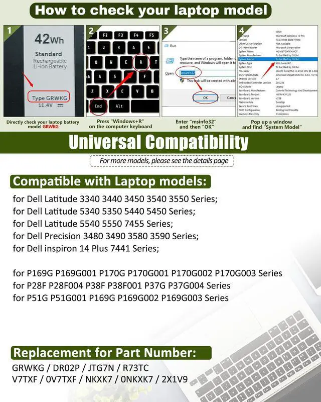 Alt view image 4 of 5 - bossfulton GRWKG 42Wh Battery Replacement for Dell Precision 3480 3490 3580 3590 Latitude 3340 3440 3450 3540 3550 5340 5350 5440 5450 5540 7455 Series DR02P JTG7N R73TC 11.4V 3500mAh