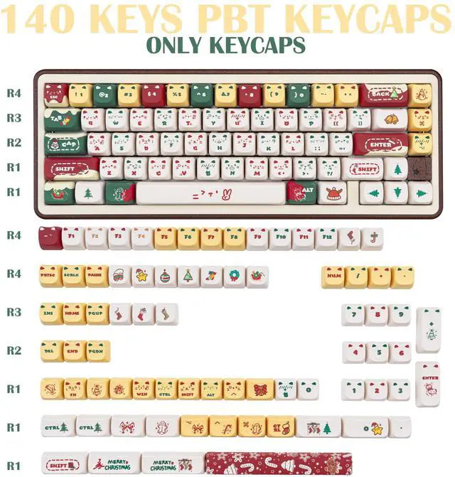 Alt view image 2 of 5 - COOMICKEY Christmas Cat Keycaps, Cute PBT Keyboard Caps, Dye Sublimation Keycaps with Mao Profile, 140 Keys Keycap Sets for 60%, 65%, 75%, 100% Cherry MX Mechanical Keyboard