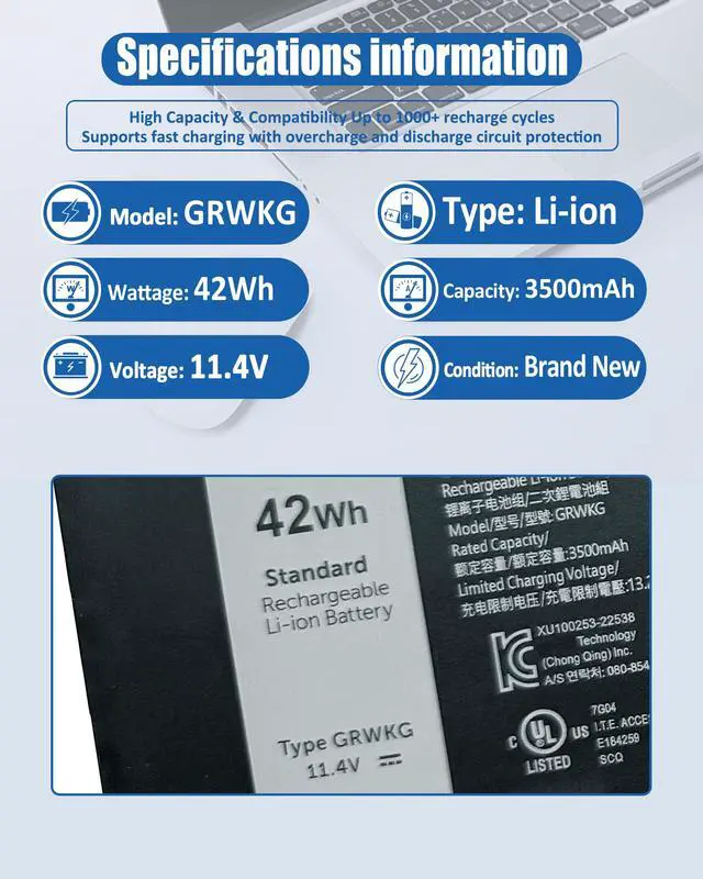 Alt view image 5 of 5 - bossfulton GRWKG 42Wh Battery Replacement for Dell Precision 3480 3490 3580 3590 Latitude 3340 3440 3450 3540 3550 5340 5350 5440 5450 5540 7455 Series DR02P JTG7N R73TC 11.4V 3500mAh