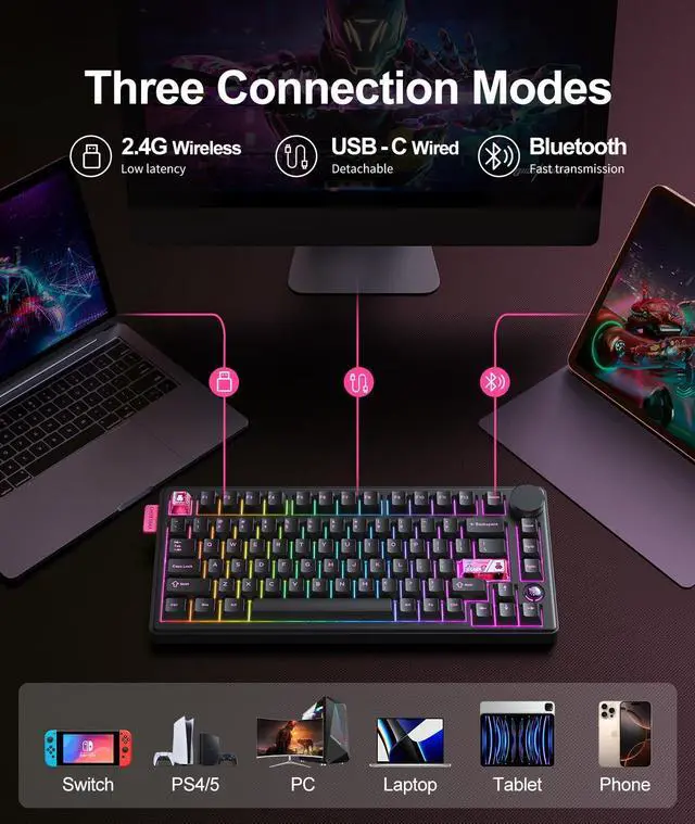 Alt view image 4 of 5 - Wireless Gaming Keyboards Gasket Mechanical Keyboard | 75% Wireless Keyboard | Three-Mode Wireless (Bluetooth /2.4G/USB-C) | Hot-Swappable | Five-Layer Muffler Filling | Knob +RGB Backlit (Black)