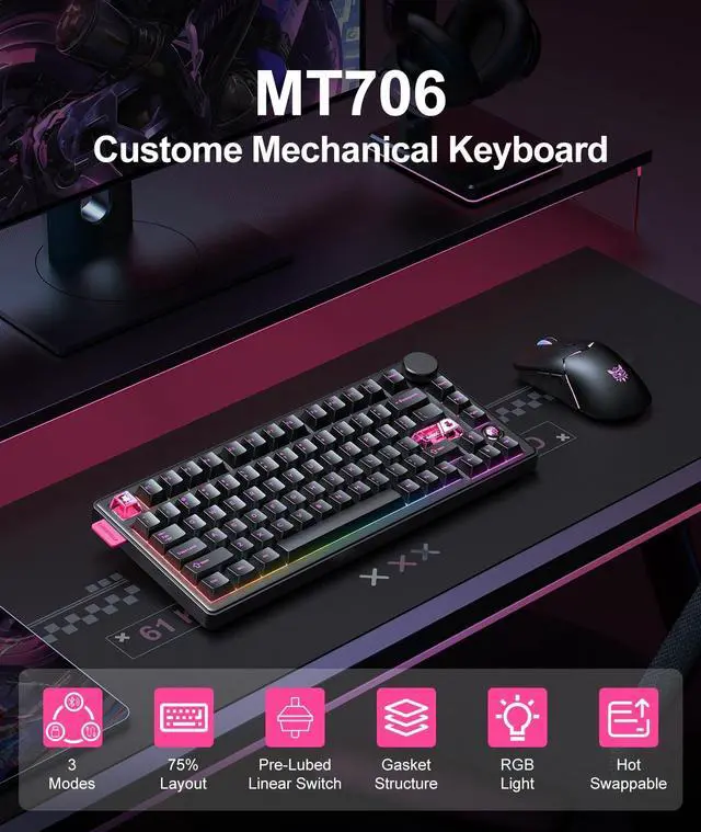Alt view image 5 of 5 - Wireless Gaming Keyboards Gasket Mechanical Keyboard | 75% Wireless Keyboard | Three-Mode Wireless (Bluetooth /2.4G/USB-C) | Hot-Swappable | Five-Layer Muffler Filling | Knob +RGB Backlit (Black)